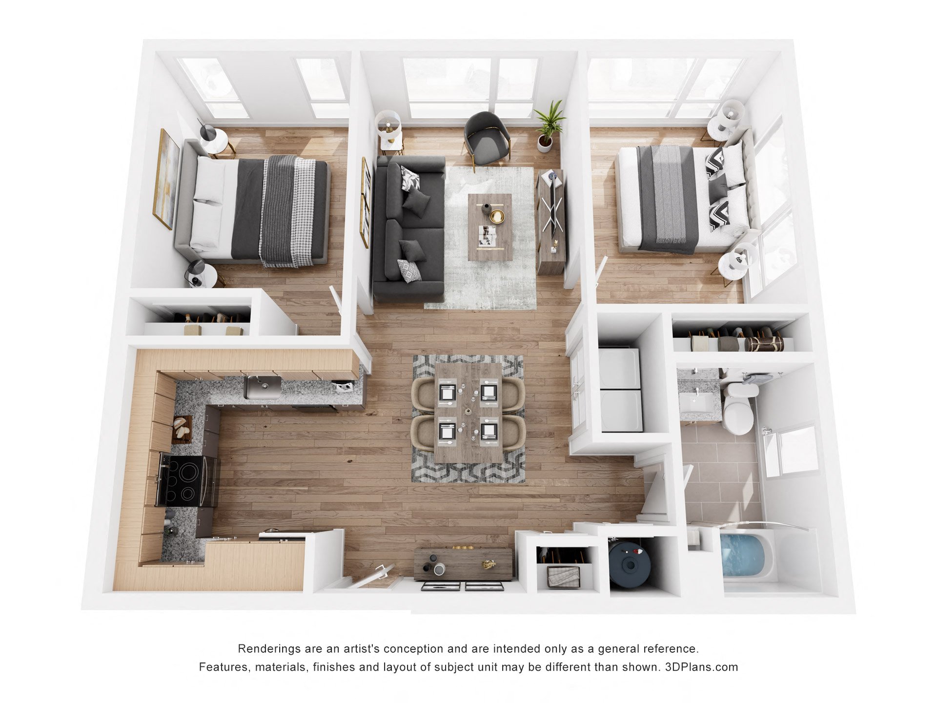Floor plan for 2 beds, 1 bath, 863 sqft
